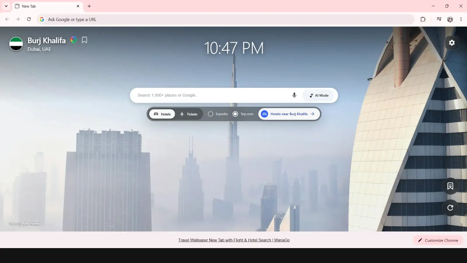 WanaGo New Tab - Burj Khalifa Dubai travel wallpaper preview