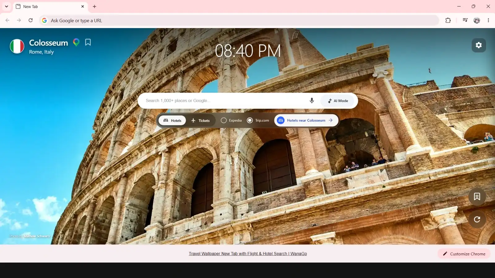 WanaGo New Tab - Colosseum Rome travel wallpaper preview