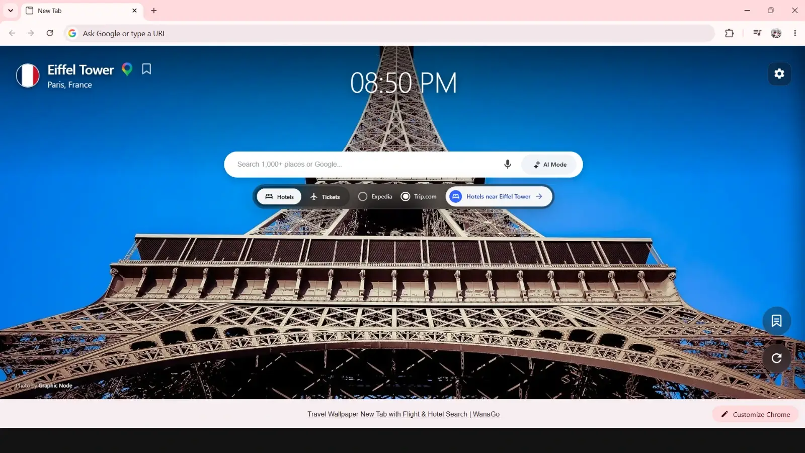 WanaGo New Tab - Eiffel Tower Paris travel wallpaper preview