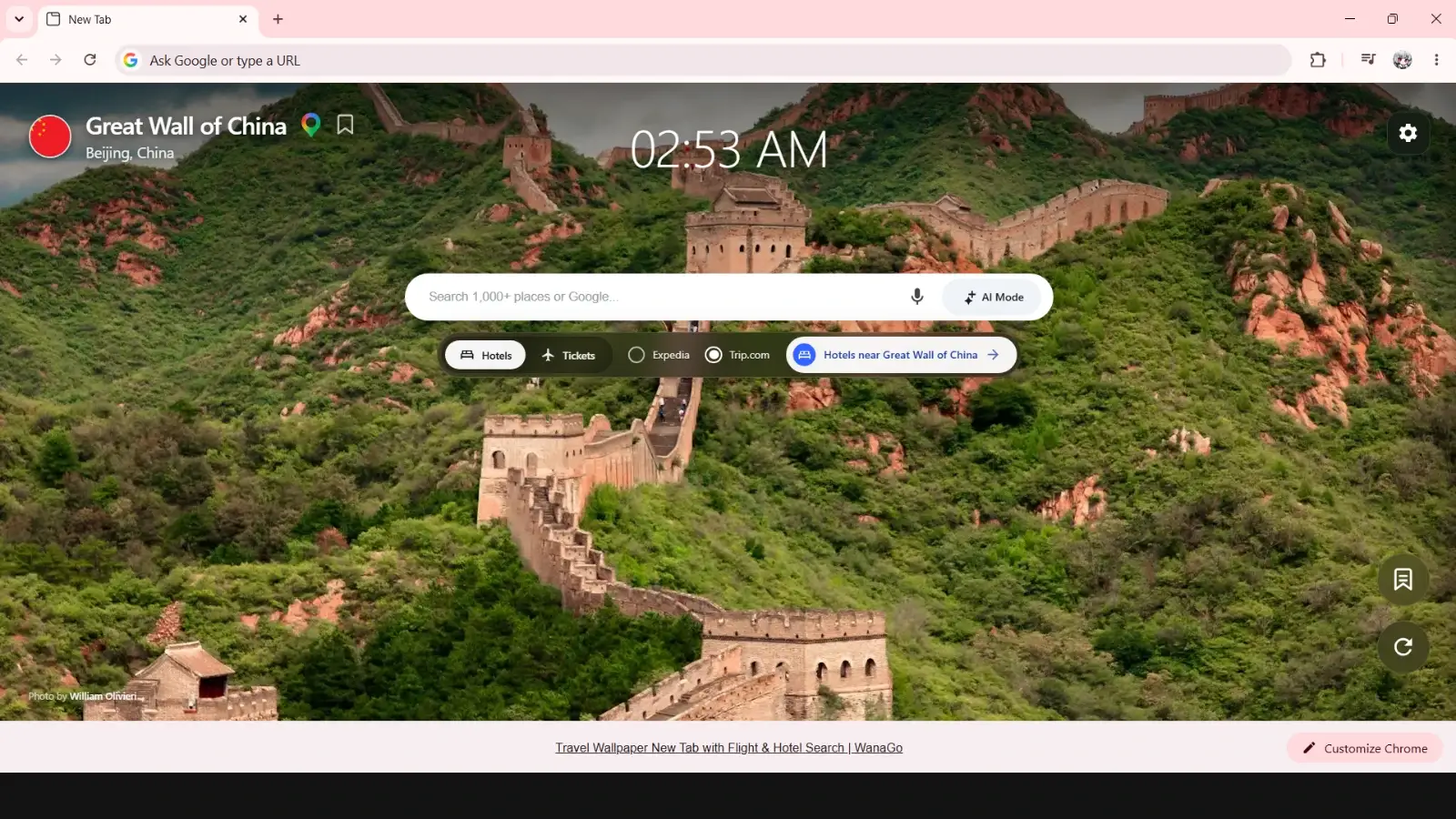 WanaGo New Tab - Great Wall of China travel wallpaper preview