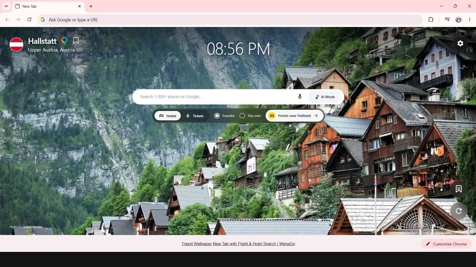 WanaGo New Tab - Hallstatt Austria travel wallpaper preview