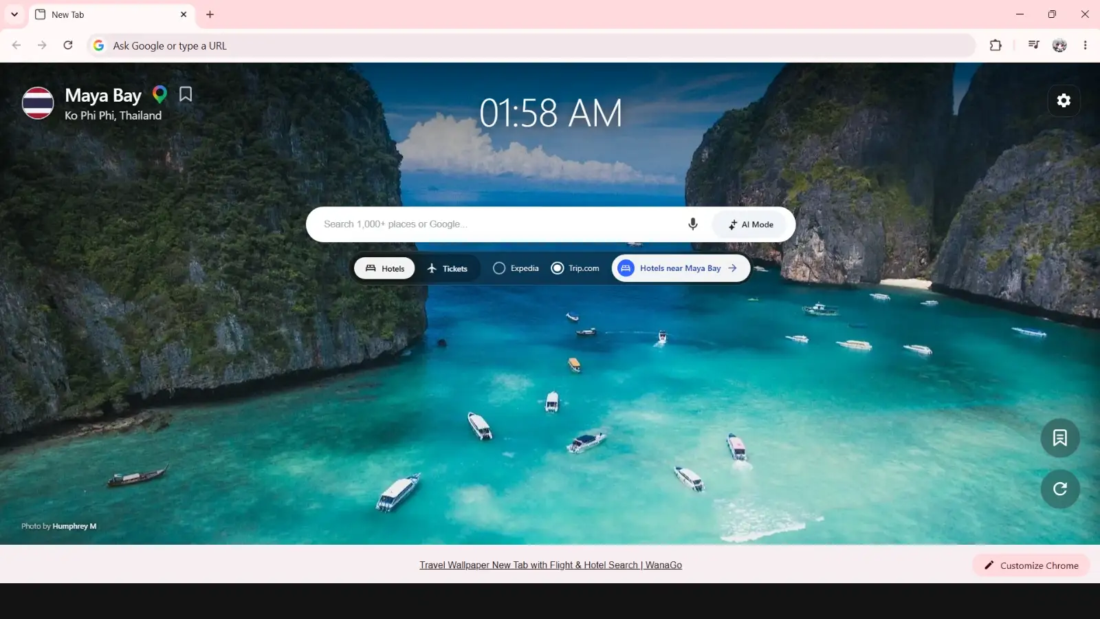 WanaGo New Tab - Maya Bay Thailand travel wallpaper preview