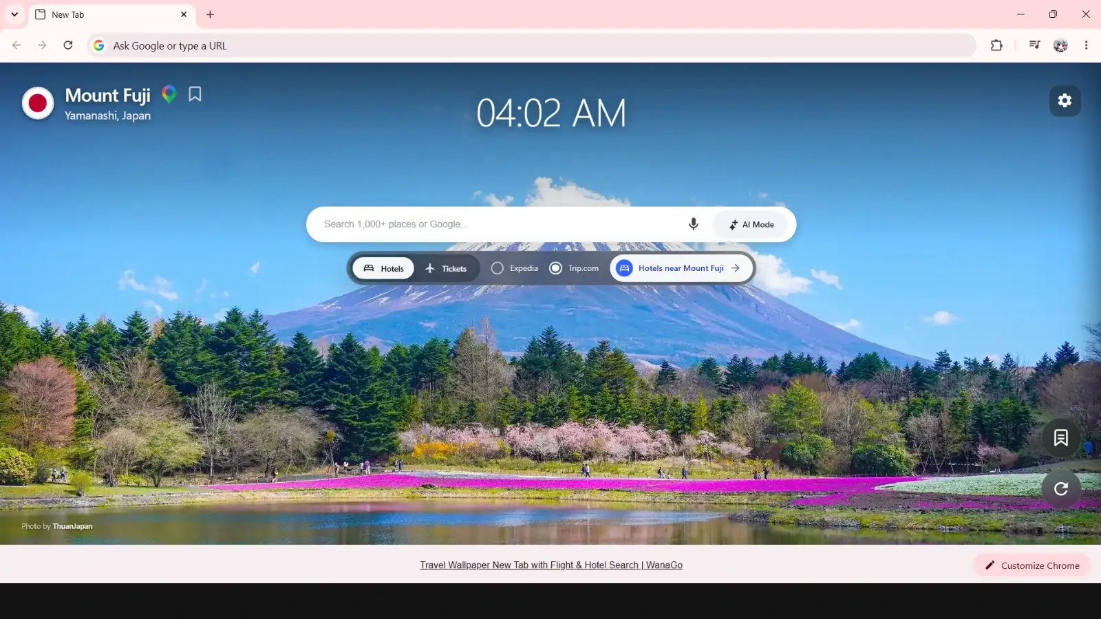 WanaGo New Tab - Mount Fuji Japan travel wallpaper preview