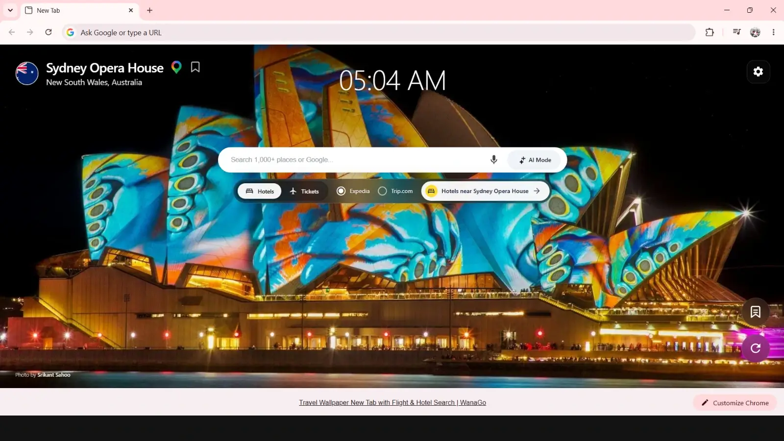 WanaGo New Tab - Sydney Opera House Australia travel wallpaper preview