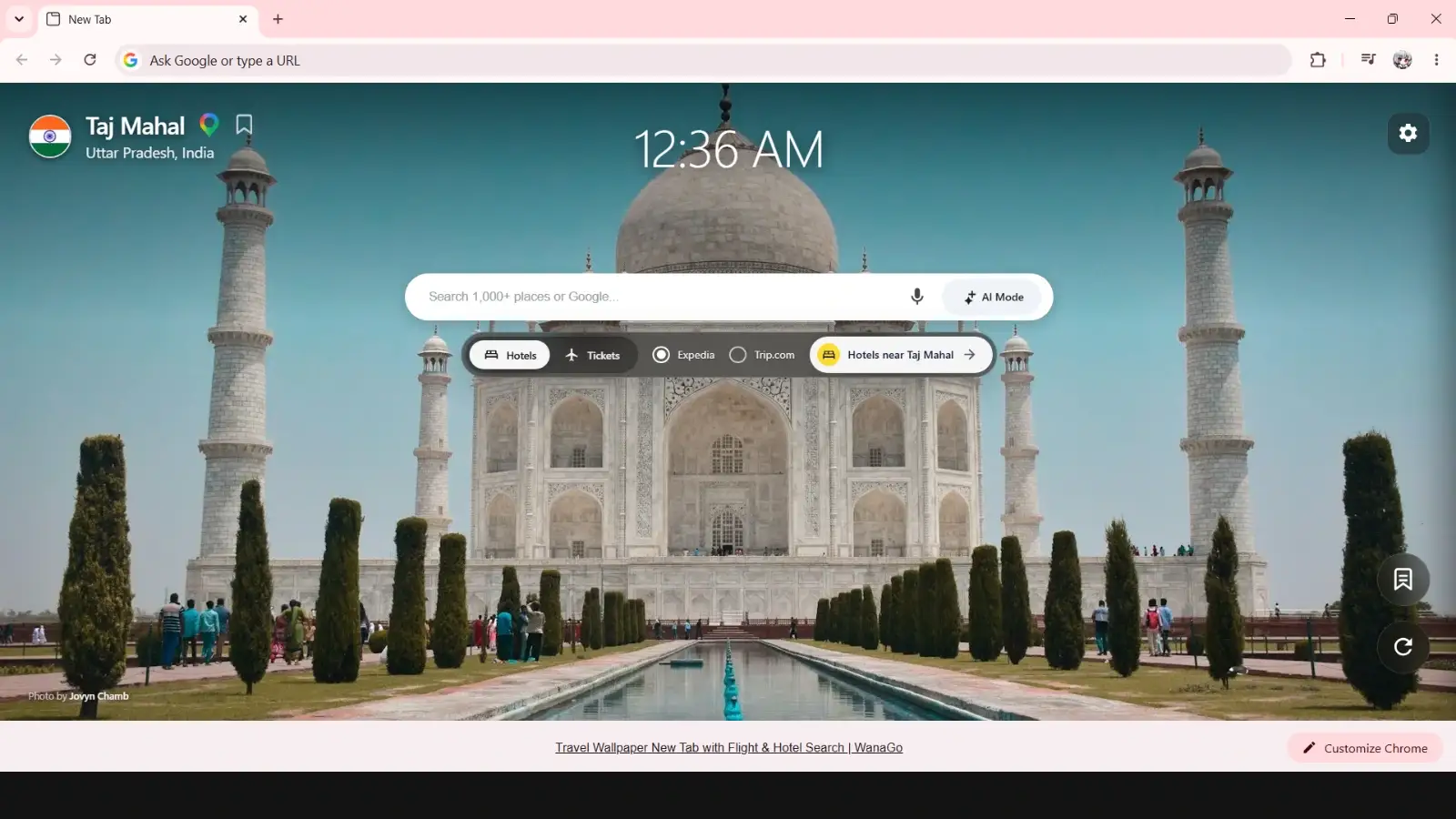 WanaGo New Tab - Taj Mahal India travel wallpaper preview
