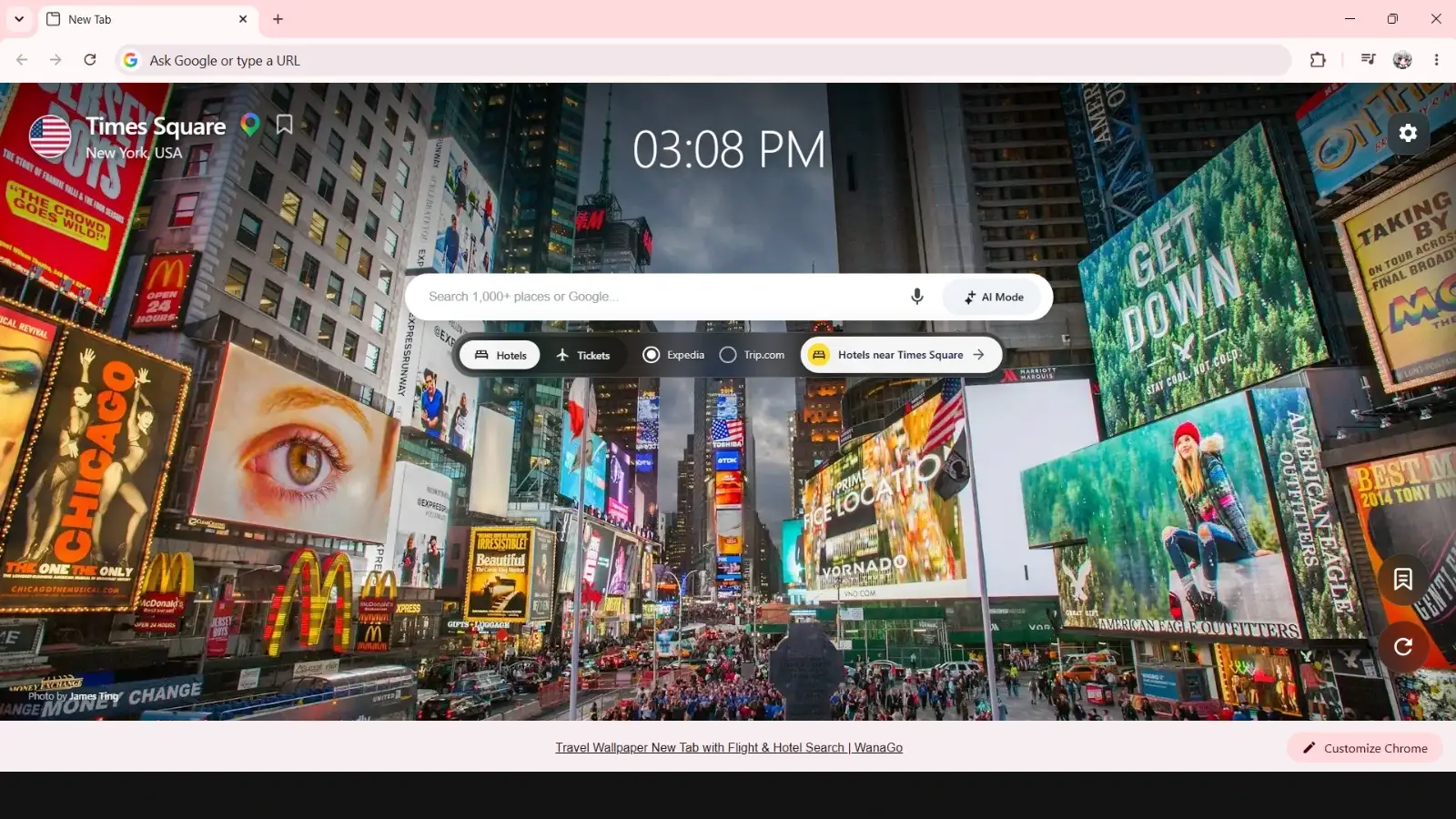 WanaGo New Tab - Times Square New York travel wallpaper preview